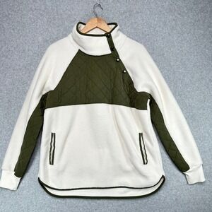 Abercrombie Fitch Cream Olive Green Quilted Fleece Snap Neck Pullover Fleece L
